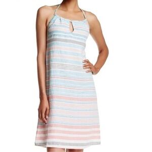 Tommy Bahama Womens  Striped Linen Kohala Halter Dress Sleeveless Smocked Back